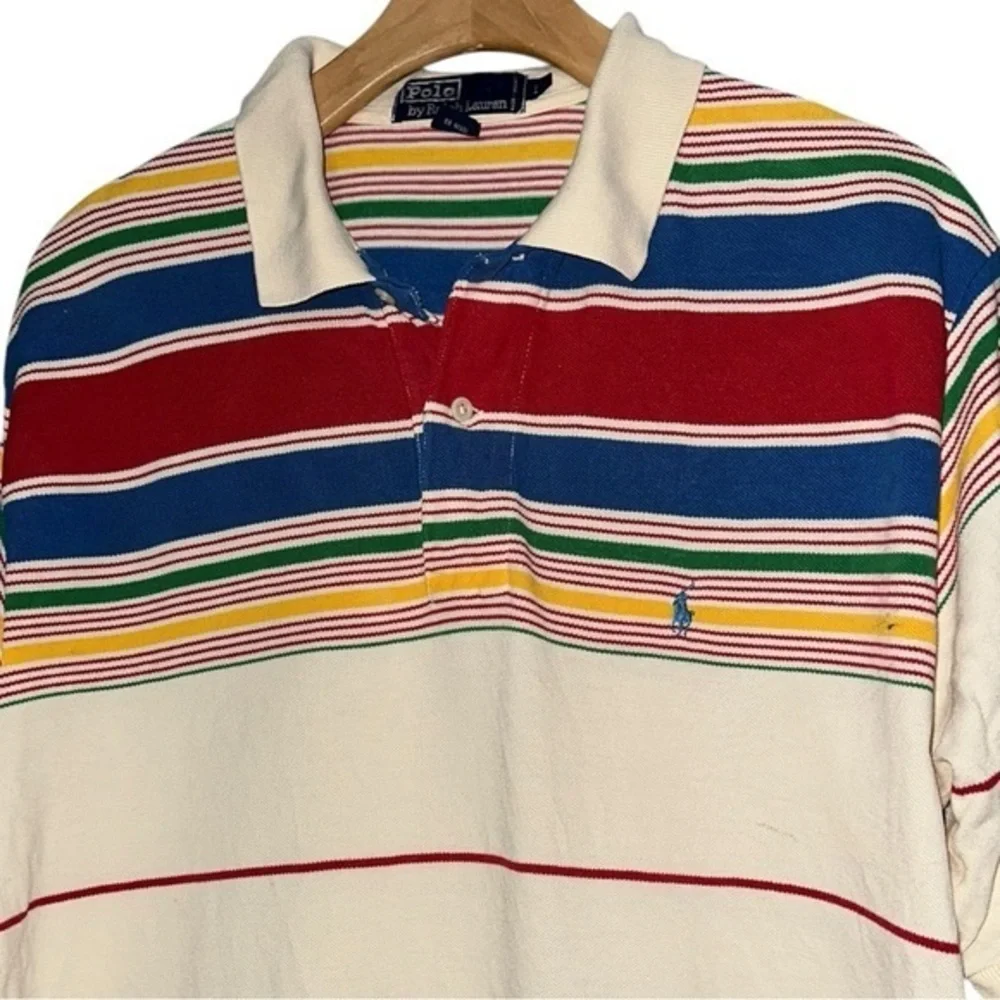 Polo Ralph Lauren Vintage Men’s Size L Cream Red Blue Yellow Striped Polo Shirt